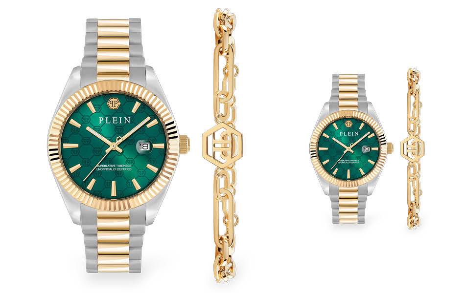 Green monogram dial, two-tone recycled steel bracelet, gift set with matching bracelet — bold everyday style. | Source: Philipp Plein
