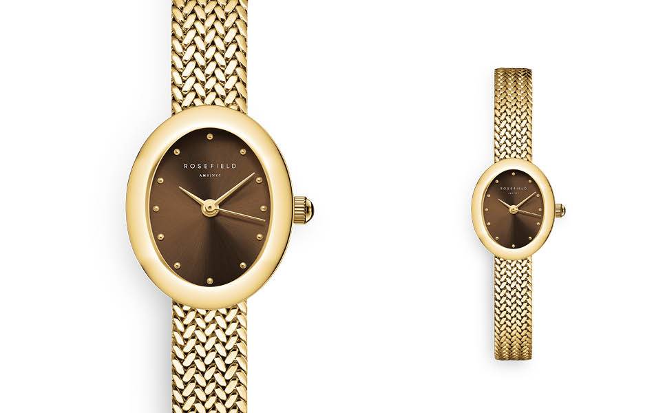 Compact gold-tone steel case, chocolate dial, easy-adjust mesh bracelet — elegant, distinctive everyday style. | Source: Rosefield
