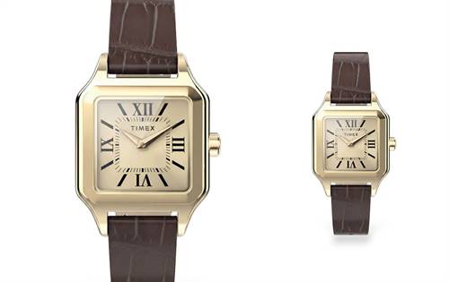 Petite 23mm gold-tone watch, champagne dial, brown leather strap — clean, sophisticated everyday style. | Source: Timex