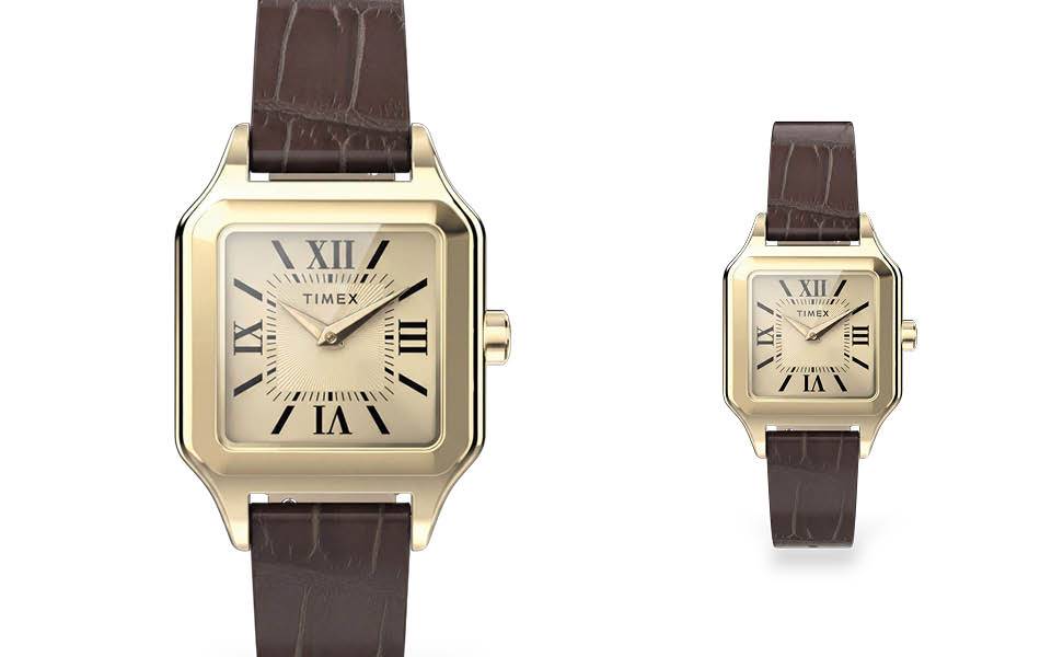 Petite 23mm gold-tone watch, champagne dial, brown leather strap — clean, sophisticated everyday style. | Source: Timex
