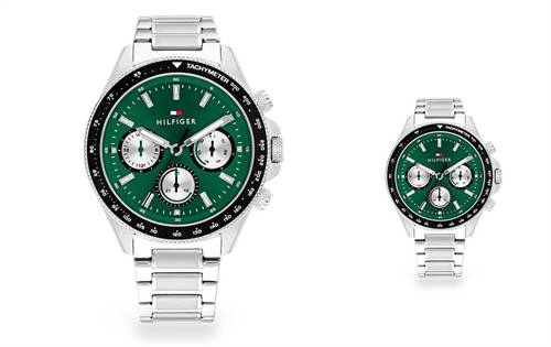 Deep green multi-function dial, stainless steel bracelet — balanced presence, versatile everyday style. | Source: Tommy Hilfiger