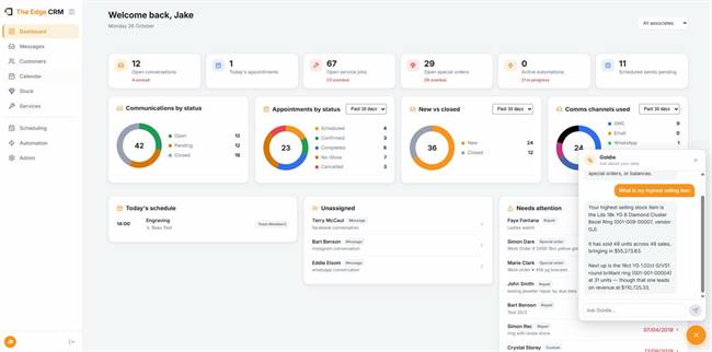 The Edge CRM dashboard allows for real-time visibility across your entire operation. From client conversations to service jobs, to identifying high-value stock items, unassigned customer inquiries, and tasks needing immediate attention – manage your jewellery business in a single glance.