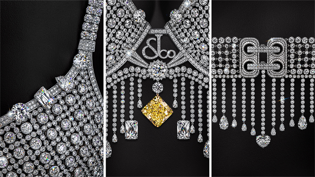 The Fantasy Bra features a 75.54-carat fancy vivid yellow diamond, surrounded by 4,409 white diamonds totaling 1,373 carats, featuring an array of cuts, including Jacob & Co.’s signature Angel cut.