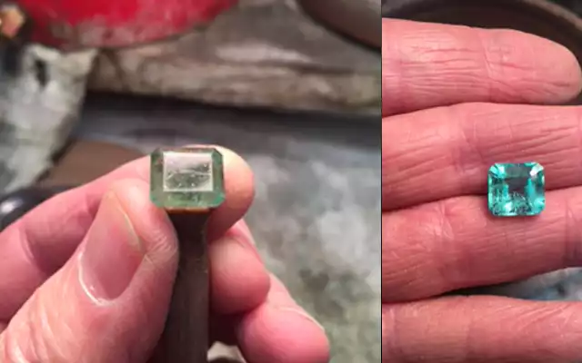 An emerald before and after repolishing by A Dalheimer & Co