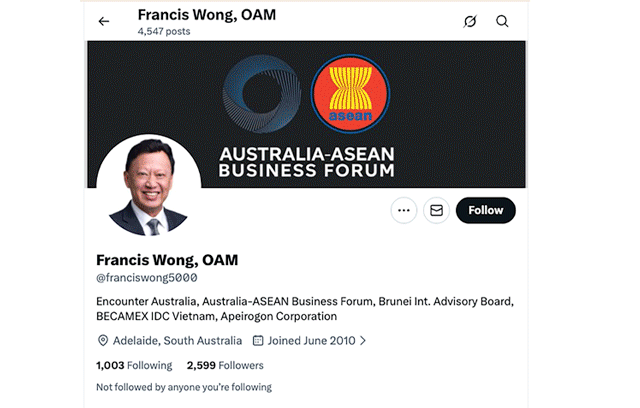 FRANCIS WONG: Promotes himself as ‘Chairman Apeirogon’ - but which ‘Apeirogon’? The one for which he a director and shareholder - and previously with Andy Phanthapangna - or the company that collapsed with $2 million in debts, and owing the ATO $1.1 million.