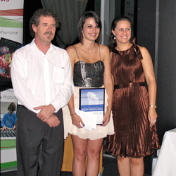 Jodi Phillips with sponsors Kevin Harries representing the Gold and Silversmiths Guild of Australia and Rebecca Hammond from PW Beck