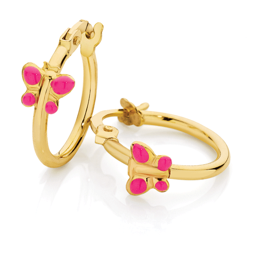 Piccolo children's gold pink butterfly hoop earrings
